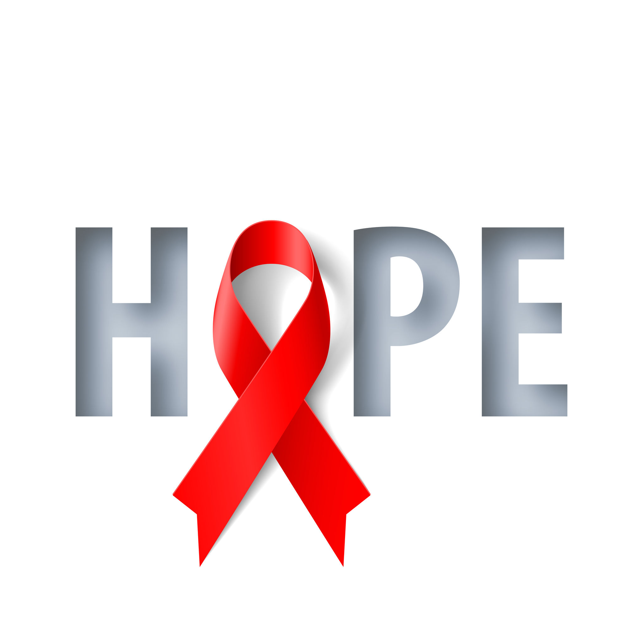Illustrated image of a red ribbon forming the “O” in the word “hope”